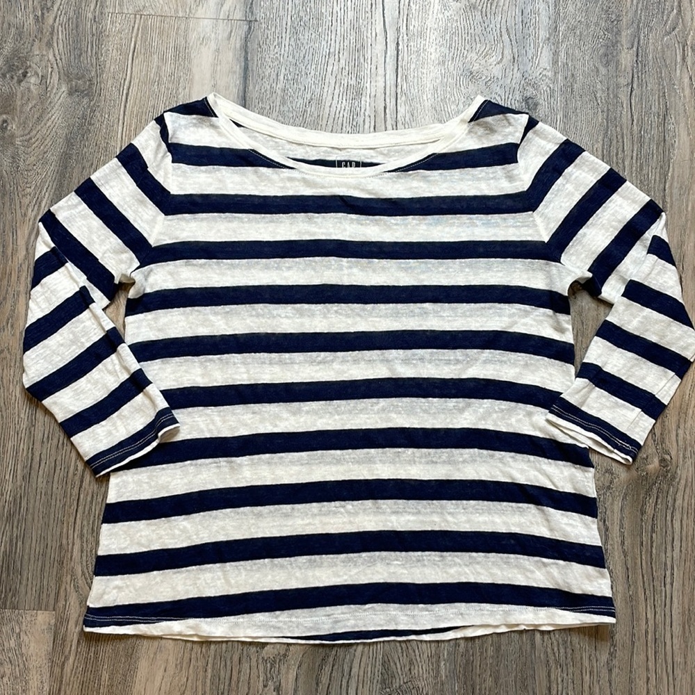 GAP Women’s Linen White and Navy Blue Striped Boatneck 3/4 Sleeve Top, size XS